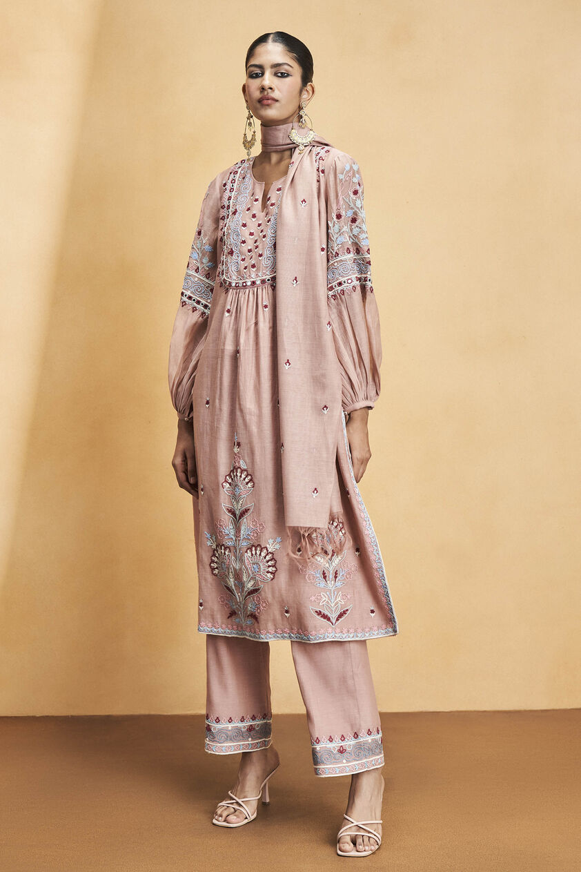 Philomel Embroidered Zardozi Silk Suit Set - Old Rose, Old Rose, image 1